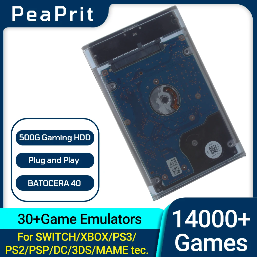 PEAPRIT 500G Gaming HDD Retro Game Console 14000 Video Games 30 Emulators for SWITCH/X BOX/PS3/PS2/PSP Plug and Play Batocera 40