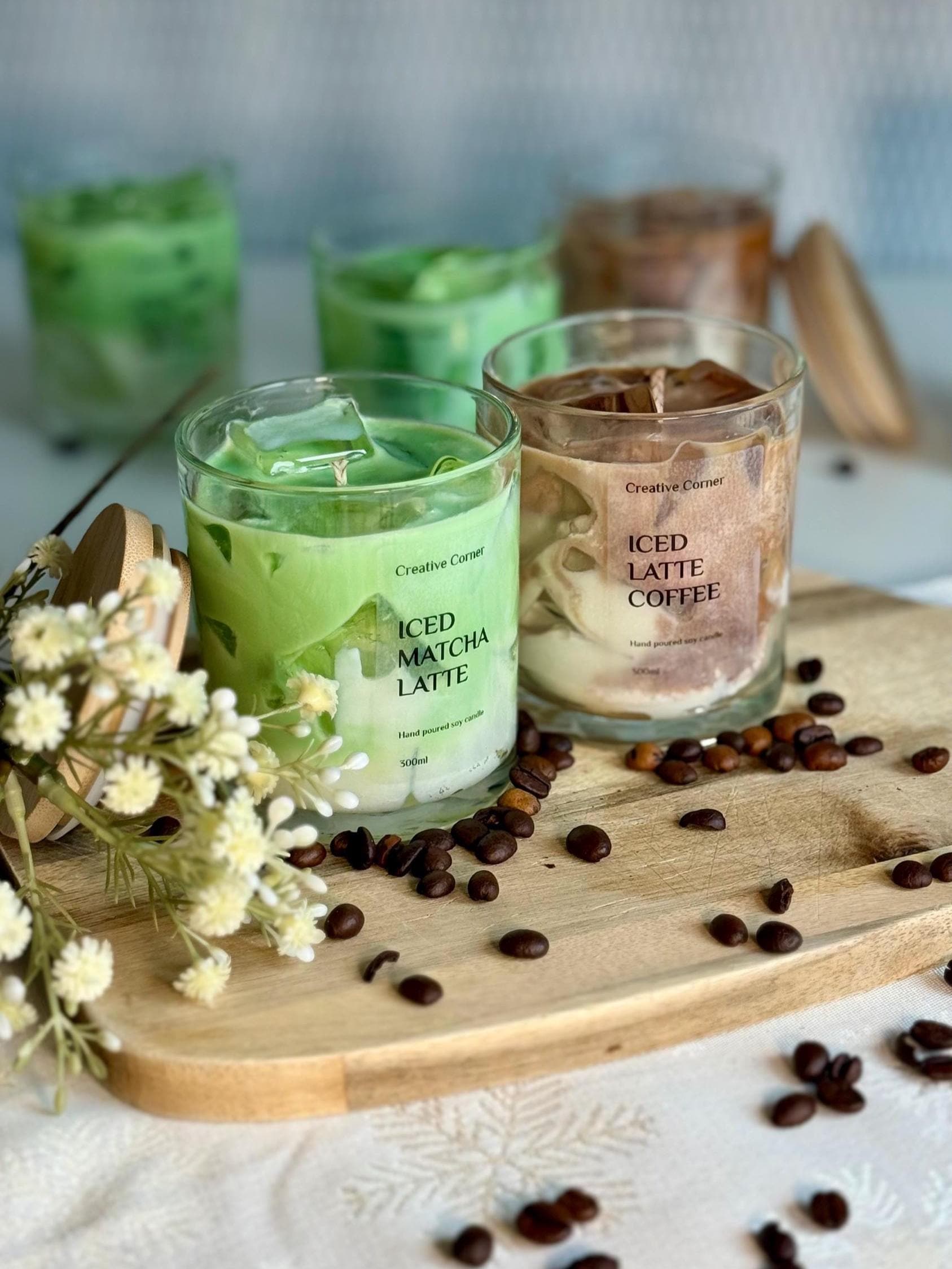 Candela al caffè freddo Latte 300 ml / Candela profumata al latte freddo Matcha fatta a mano / Candela profumata al caffè con cubetti di ghiaccio / Re