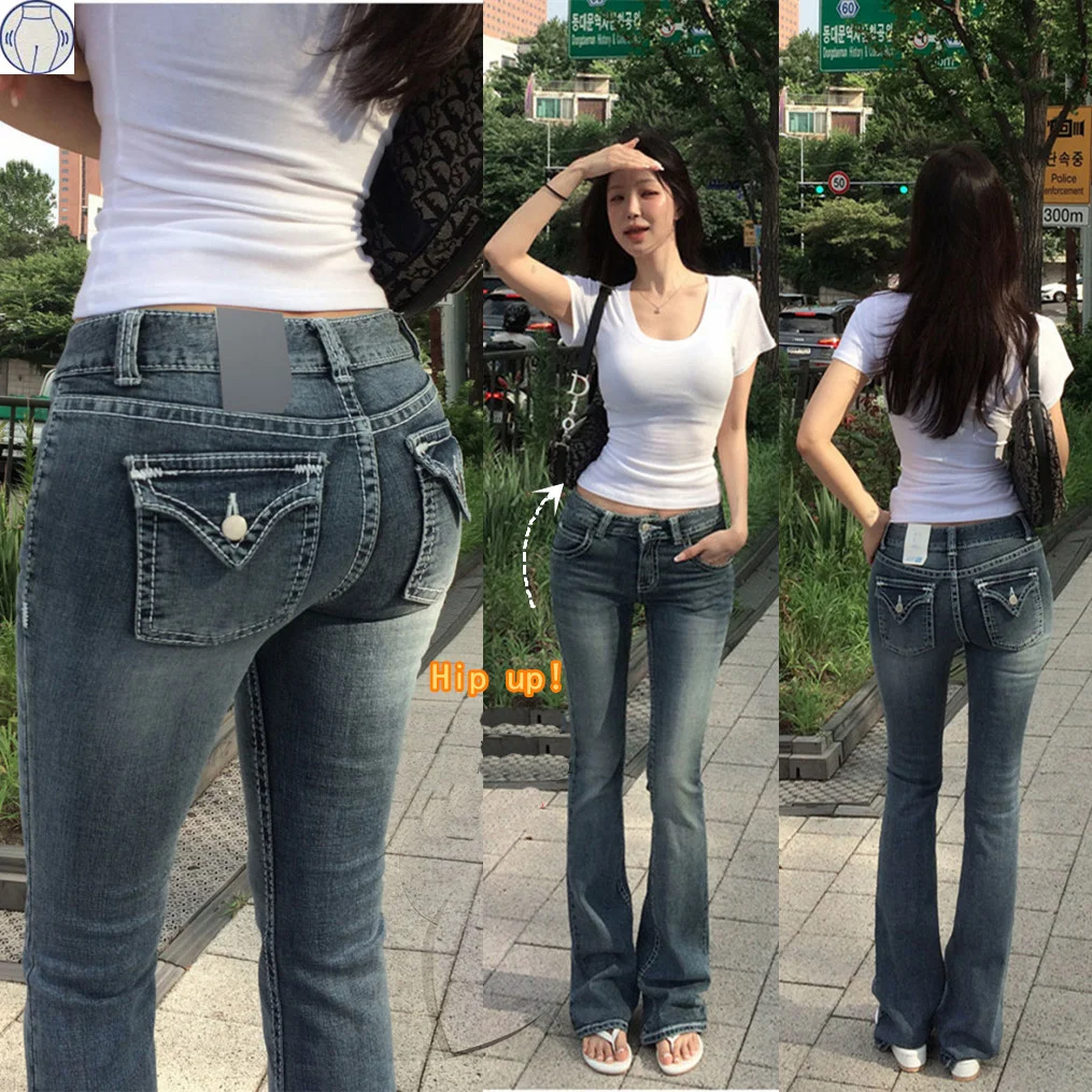 Jeans da donna con testa di Buddha gotico Y2K Abbigliamento Hip Hop Tasca ricamata Jeans larghi blu vintage Pantaloni a gamba larga a vita bassa