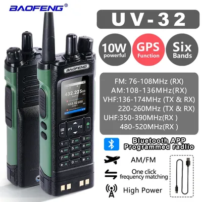 Baofeng UV32 10W Walkies Talkie GPS Positioning Function Large Screen Wireless Copy Frequency Six-Band Type-C Ham 2 Way Radio