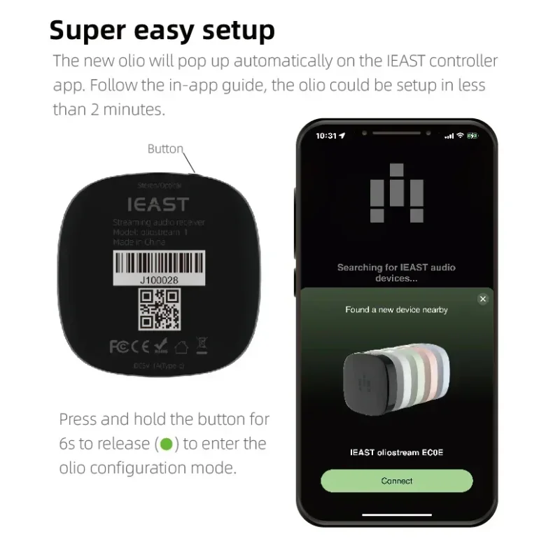 Wiim Mini Airplay 2 Music Streamer WiFi/BT Wireless Connection, Multiroom/Multizone Stereo Receiver Audio Adapter, Image