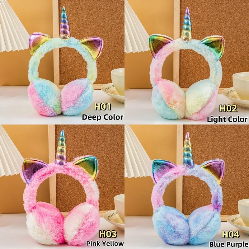 Kinder Mädchen Winter Warme Bunte Einhorn Thermische Ohrenschützer Tie-dye Pelz Ohren Abdeckung Ski Schnee Weiche Plüsch Flauschigen Katze ohren Earflap Image