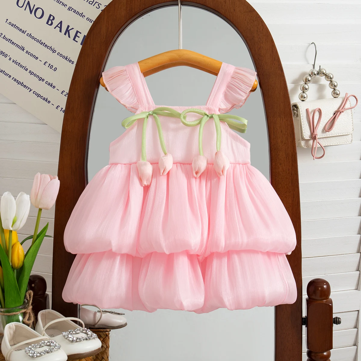 Baby Mädchen Kleid Sommer Einfarbig Floral Kurze Puff Sleeve Kleid Entzückende Baby Prinzessin Kleid Image