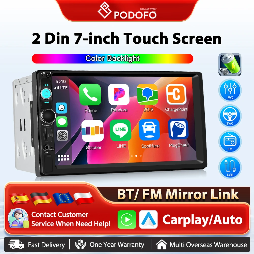 Podofo Drahtlose Carplay Android Auto Auto MP5 Player 7 zoll 2Din BT EQ Auto Multimedia Player USB FM Mirrorlink DAB audio Stereo Image