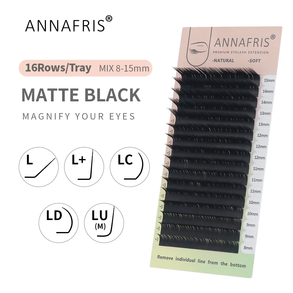 ANNAFRIS 16 reihen 8 ~ 15mm Gemischt L-Förmigen Wimpern Verlängerung Natürliche Weiche Nerz Matt Schwarz L/L +/LC/LD/LU(M) wellung Einzelne Wimpern Image