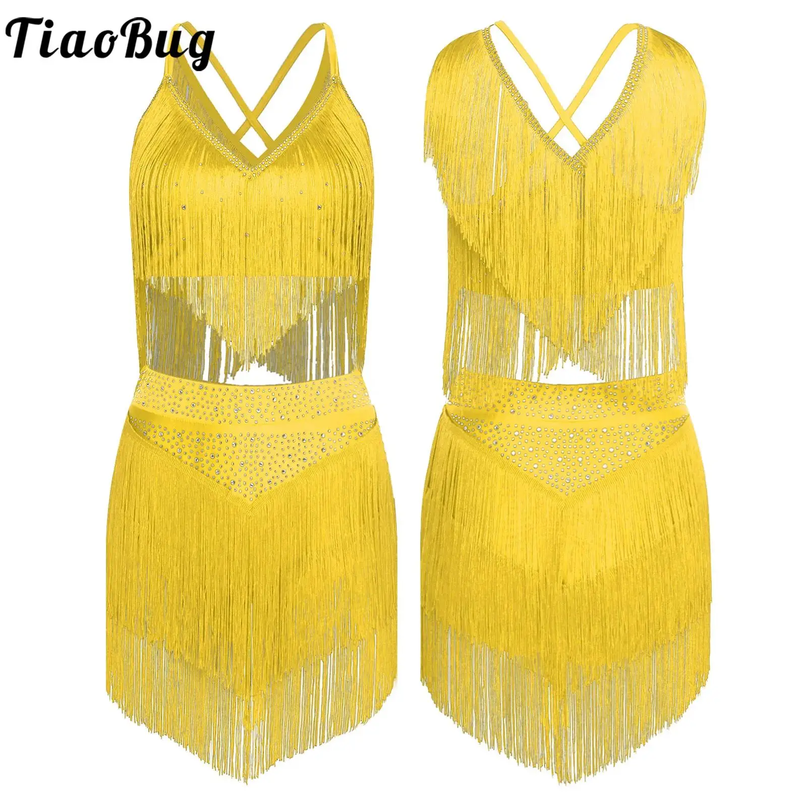 Damen Samba-Latin-Tanzkostüm, ärmelloses Fransen-Crop-Top mit abgestuften Quasten, Rock-Set, Salsa, Chacha, Tango, Performance-Kleider Image
