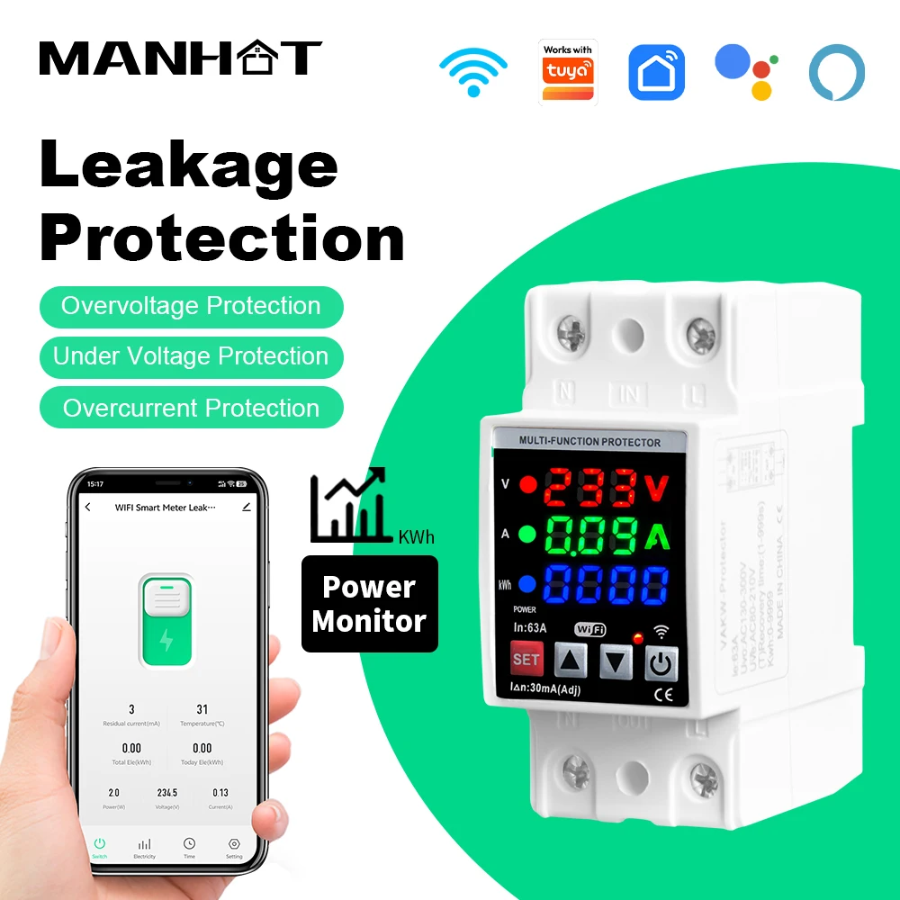 Manhot WiFi 63A Leistungsschalter Leckageschutz DIN-Schiene 3-in-1-Display Überspannungsstrom und Unterspannungsschutzrelais Image