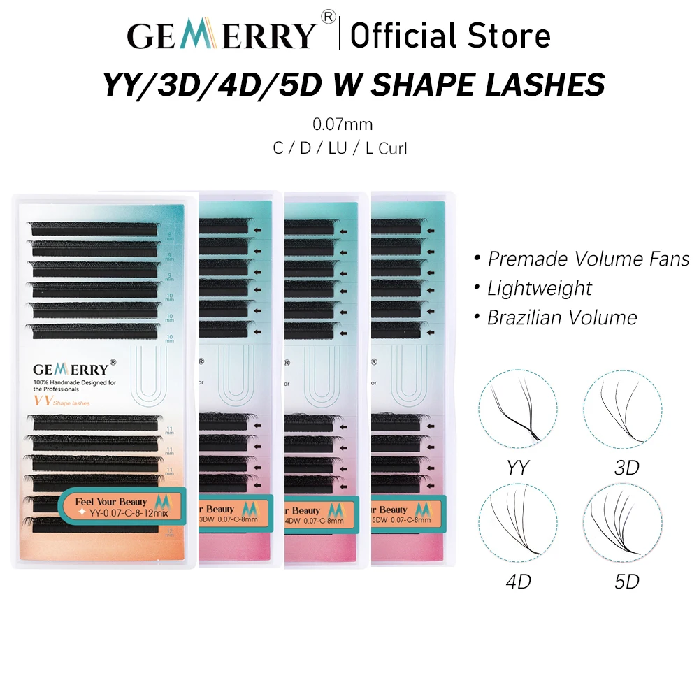 GEMERRY YY 3D 4D 5D W-Form Wimpern 0.07 Curl Wimpern LU/C/D Volumen-Wimpernverlängerungen Vorgefertigte Fächerwimpern aus Fuchsnickel für natürlichen Look Image