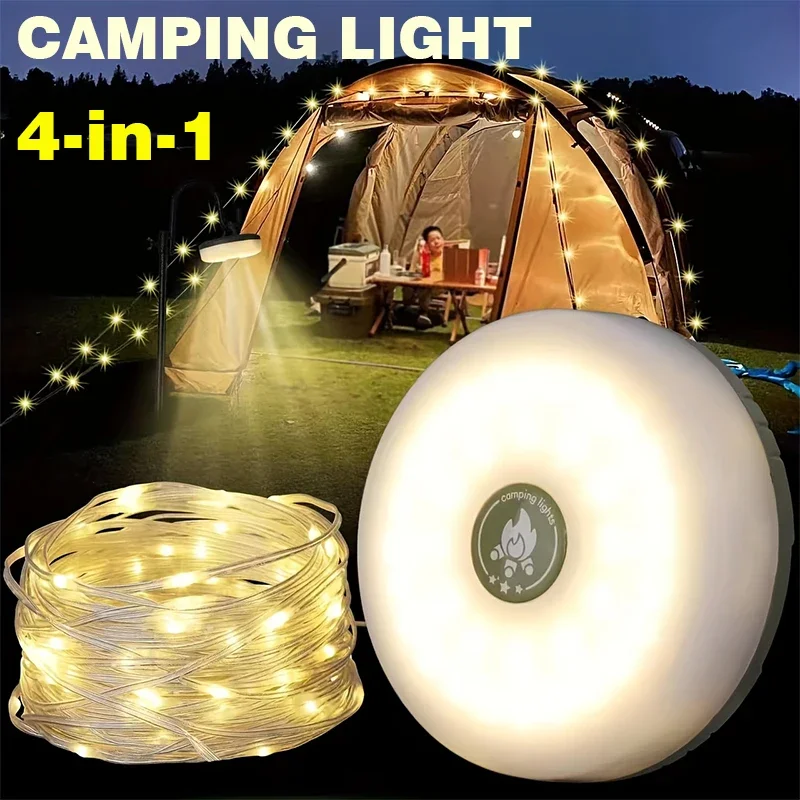 Outdoor-Camping-Licht, 10 m LED-Lichterkette, 4-in-1 tragbares wiederaufladbares USB-Zeltlicht, 8 Modi, Taschenlampe, Gartenparty, Hochzeit Image