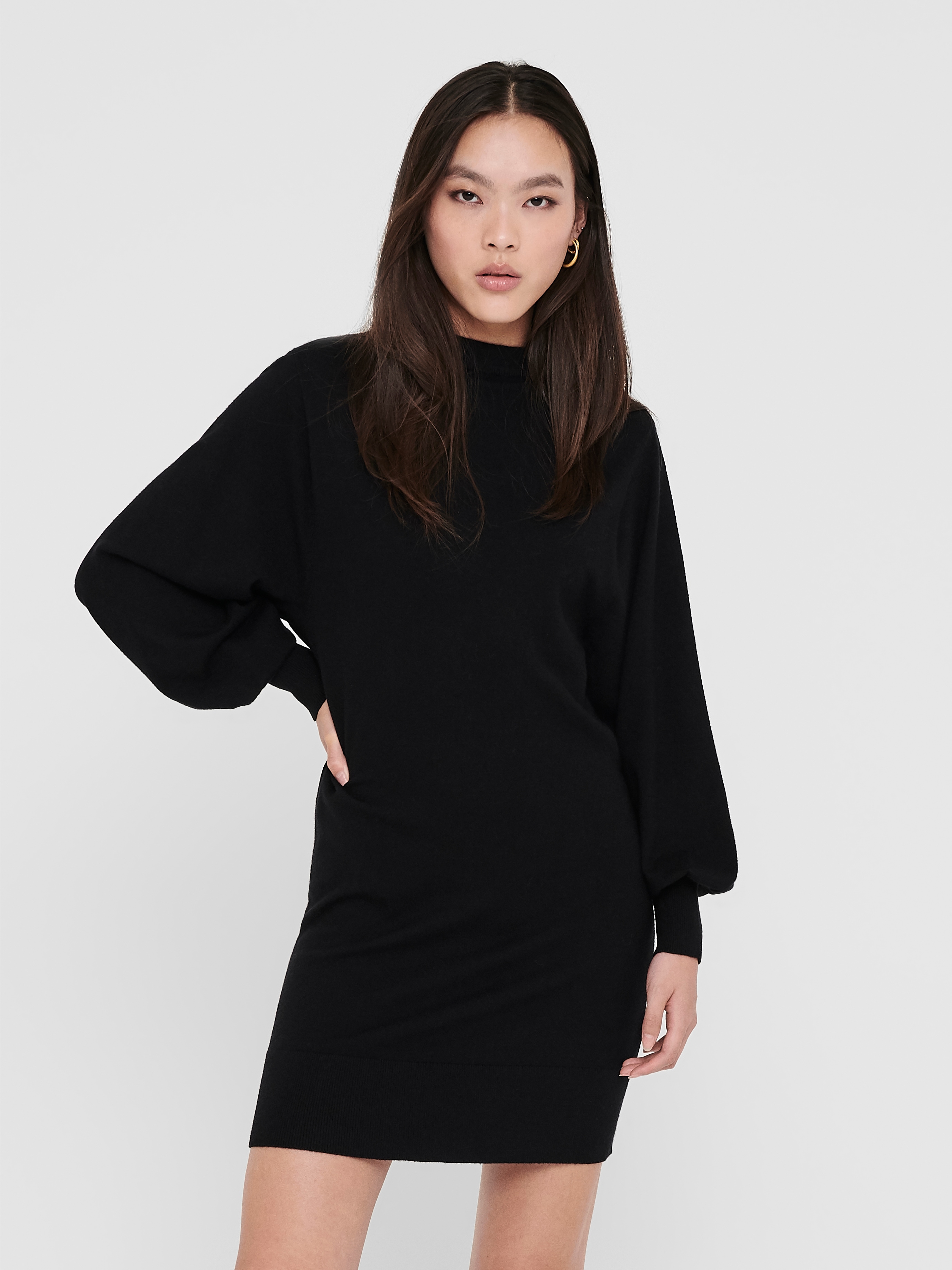 Strickkleid ONLY "ONLLABELLE LIFE L/S DRESS KNT NOOS", Damen, Gr. XS (34), N-Gr, schwarz, Feinstrick, Obermaterial: 50% Viskose, 30% Polyester, 20% Polyamid, unifarben, A-Linie kniefrei, hoch geschlossener Ausschnitt, Puffärmel, Kleider, mit... Image