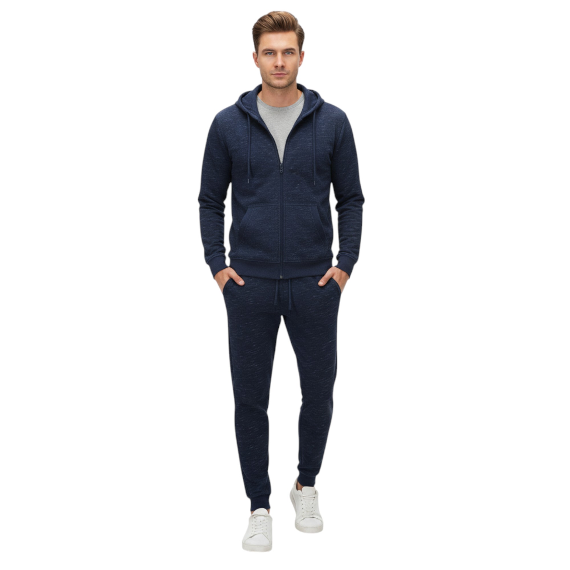 Other Mens Fleece Tracksuit Set Full Zip Hoodie Top Winter Joggers Gym Jogging Bottoms - Navy Cotton - Size Medium