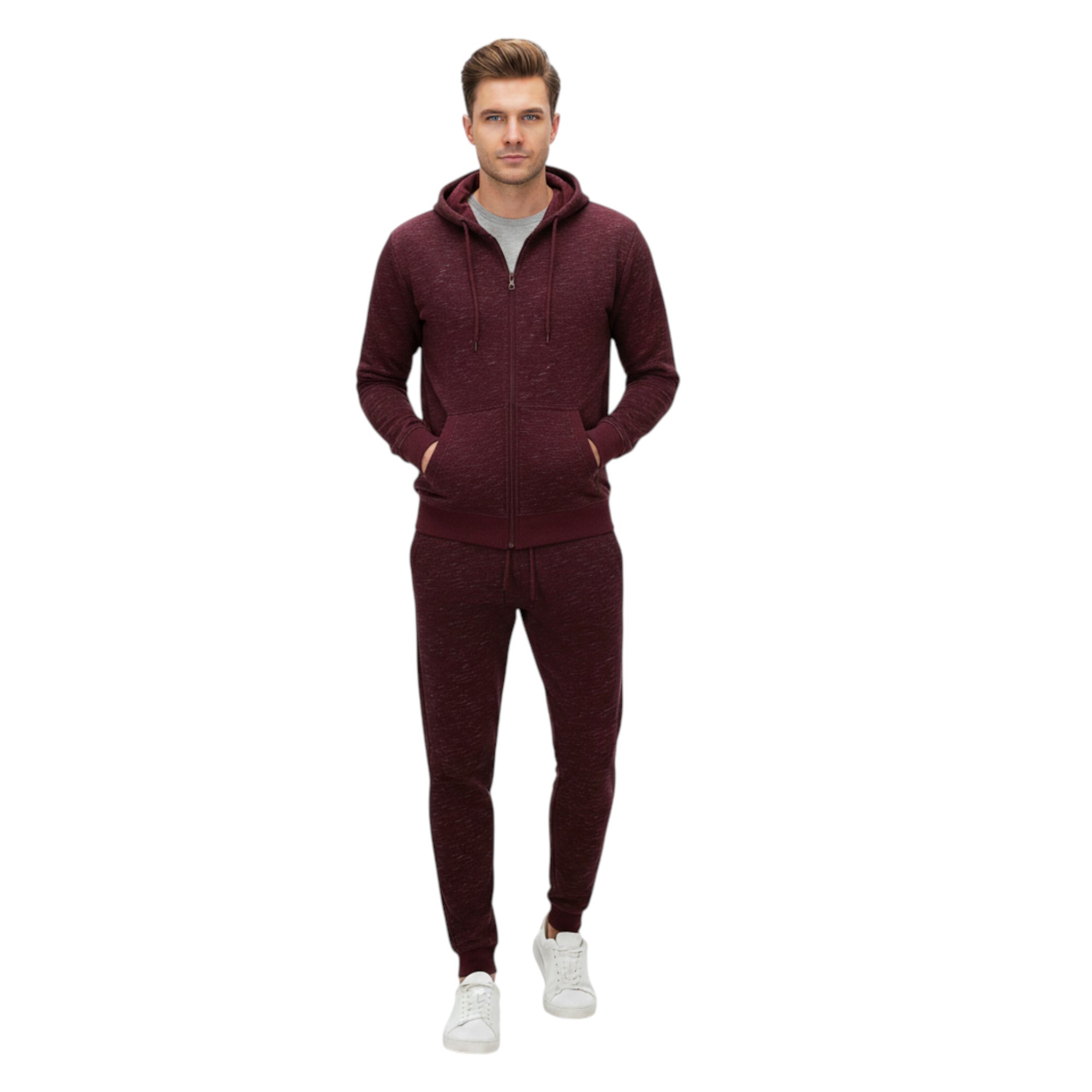 Other Mens Fleece Tracksuit Set Full Zip Hoodie Top Winter Joggers Gym Jogging Bottoms - Maroon Cotton - Size Small