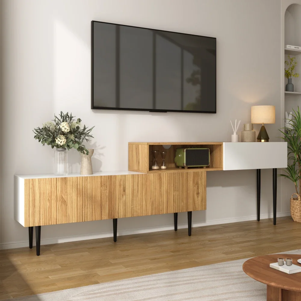 Meuble TV moderne à longueur réglable, optique en bois + blanc mat, pieds en métal noir, meubles de salon multifonctionnels