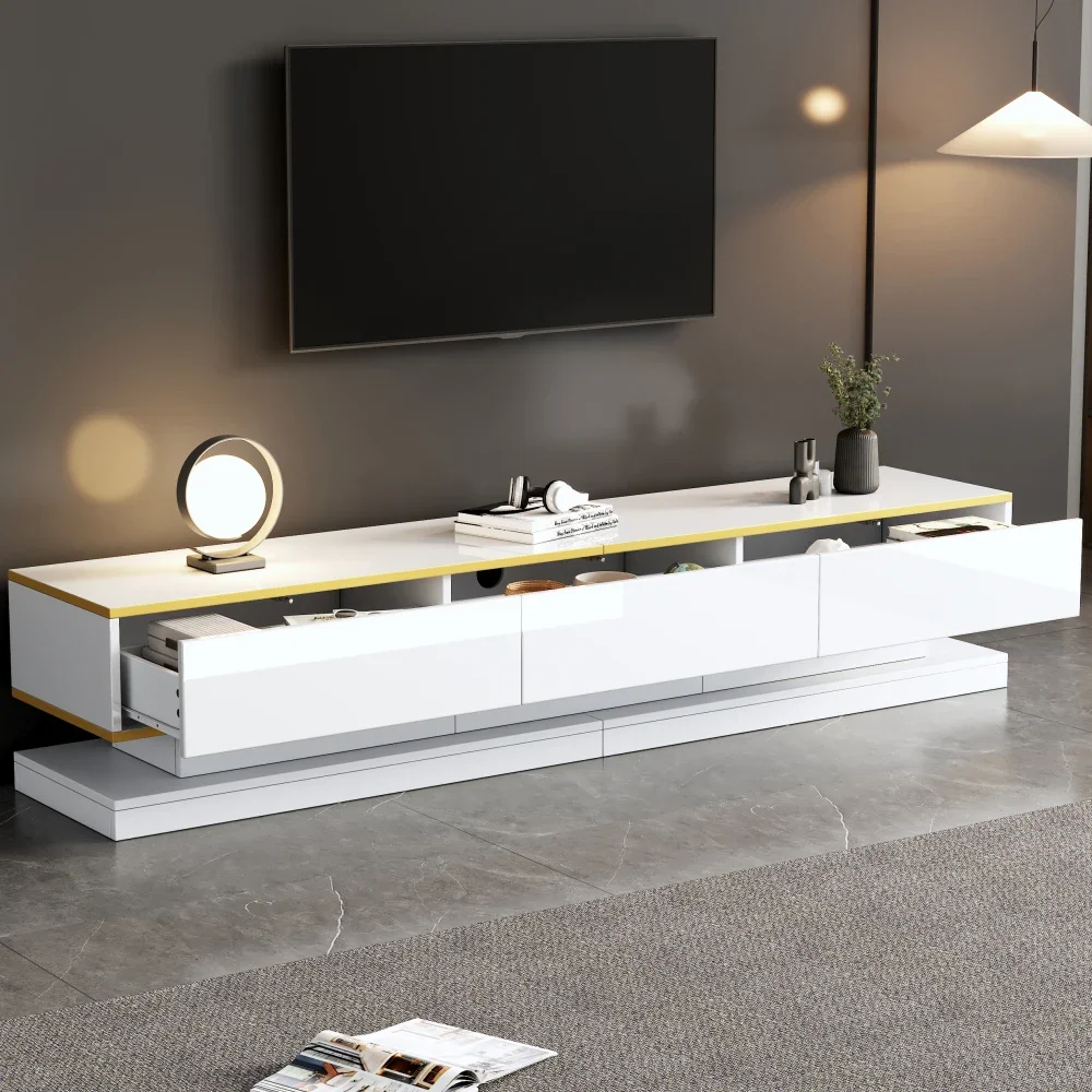 Meuble TV, meuble bas avec 3 tiroirs, meuble de salon avec grand espace de rangement, table TV blanc chaud avec bord doré