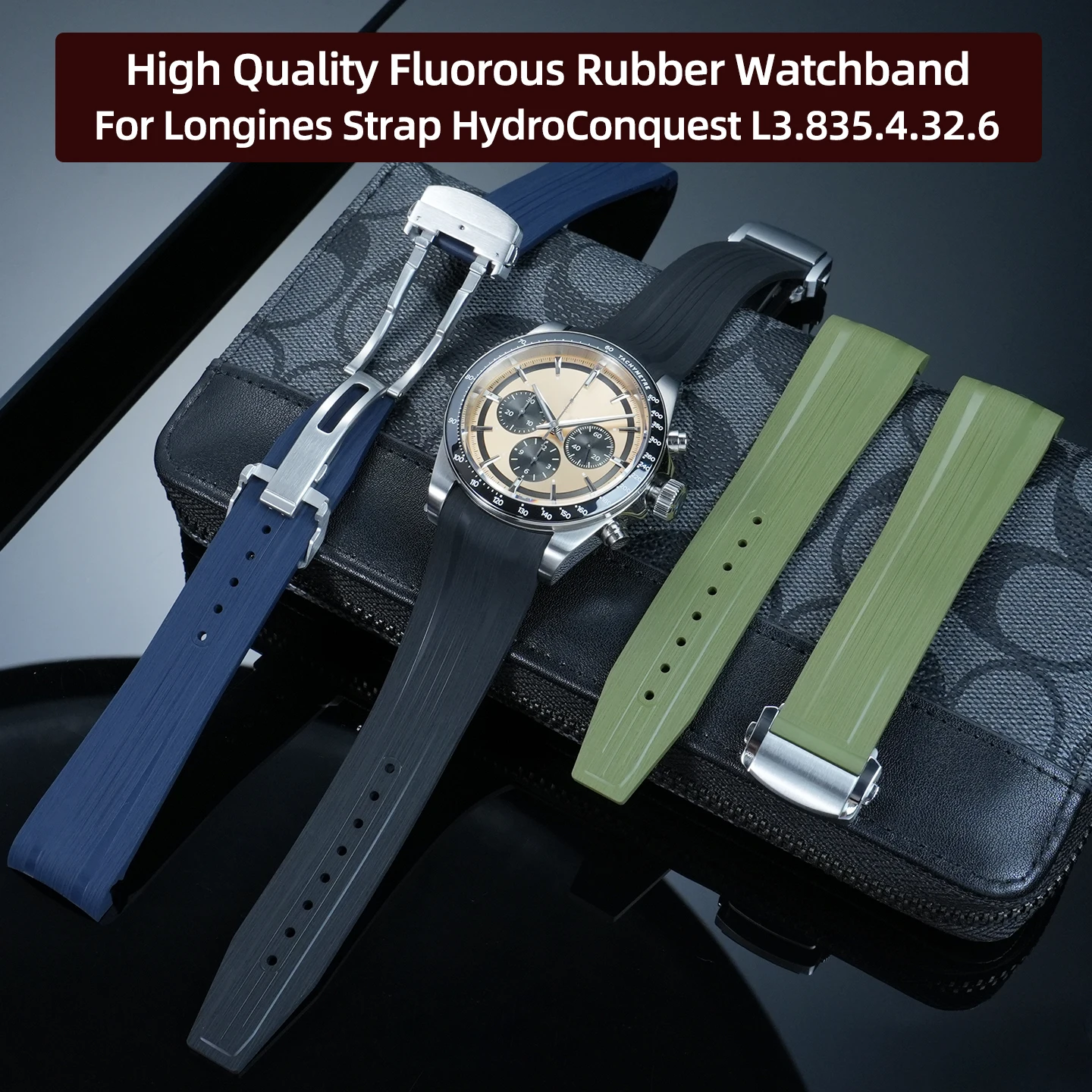 21mm 22mm Curved End Fluorine Rubber WatchBand For Longines Conquest Strap GMT L3.790 L3.830 L3.890 series 41mm 43mm dial