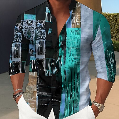 Herren Geometrisch Farbblock Patchwork Hemd Stehkragenhemd Langarm Vintage-Retro Alltagskleidung Ferien Frühling Herbst Mandarinkragen Stehkragen 3D-Druck Hemden mit Knopfleiste Rote Blau Grün Image