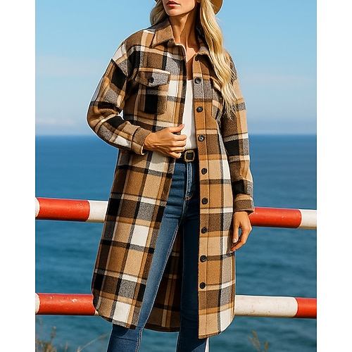 Weihnachten Damen Einreihiger Trenchcoat Mit Taschen Langarm Oberteil Athleisure Herbst Winter Kariert Winddicht Warm Wandern Reise Urlaub Sportbekleidung Sportkleidung Schwarz Rote Grün Image