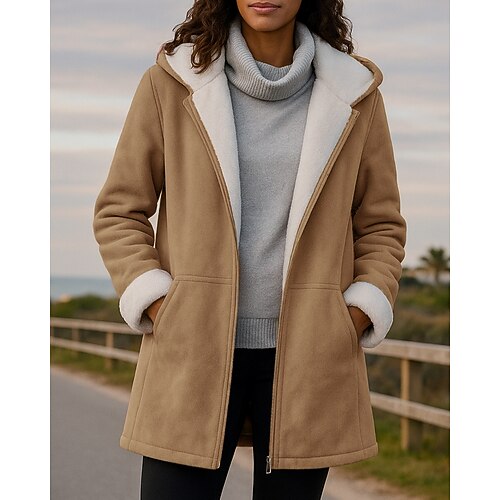 Damen Kapuzenjacke Jacke mit Reißverschluss Fleecemantel Dick Mit Taschen Langarm Oberteil Athleisure Herbst Winter Einfarbig Winddicht Warm Wandern Reise Urlaub Sportbekleidung Sportkleidung Schwarz Image