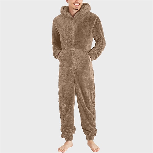 Herren Freizeitkleidung Bodys Nachtwäsche 1 Stück Einfach Warm Mode Stilvoll Heim Täglich Bett Sherpa Polarvlies Thermowarm Komfort Weich Kapuzenpullover Langarm Tasche Herbst Winter Hellrosa Schwarz Image
