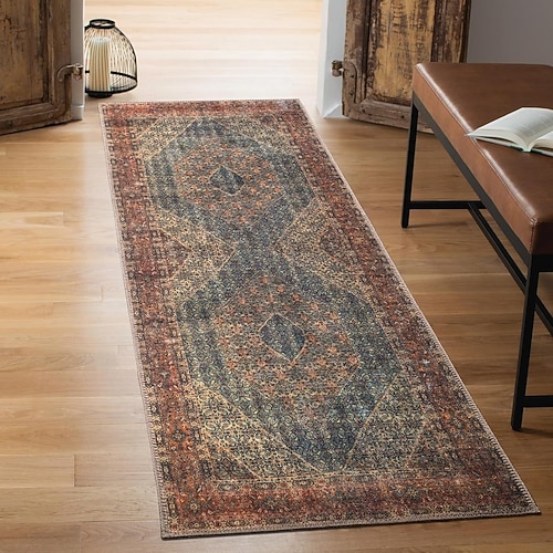 Runner-Teppiche für Flur Küche Persischer Stil Kristall Samt Absorbierender Fußmatte für Waschbecken Waschküche Flur Langlebig Gummirücken Weich Rutschfest Maschinenwaschbar Image