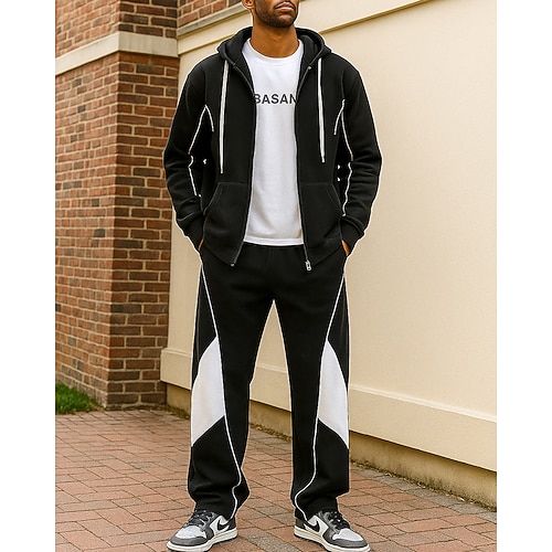 Herren Reißverschluss Kapuzensweatshirt 2-teiliger Trainingsanzug Trainingsanzug-Sets Baggy mit Tasche Farbblock Kombination Herbst Schwarz Dunkelblau Wandern Berufung Outdoor Leicht Langarm Sport Image