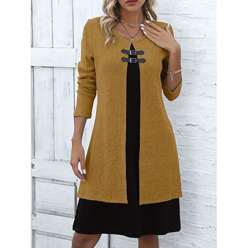 Damen Knielanges Kleid A Linie Kleid Elegant Urlaub Lässig Normale Passform Einfarbig Langarm Rundhalsausschnitt Gelb Rosa Blau Grün Herbst Winter Image