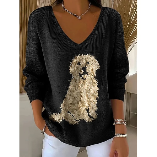 Damen Pullover Golden Retriever Mode Streetwear Casual Grafik Tier V-Ausschnitt Oversize Strick Langarm Normal Oberteile Strick Outdoor Alltag Schwarz Frühling Herbst