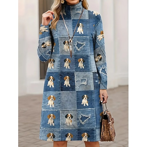 Damen Minikleid Pulloverkleid Shiftkleid A Linie Kleid Urlaub Party Lässig Outdoor Heim Lässig Lässiger Schnitt Grafik Tiermotiv Karomuster Langarm Rollkragen Blau Kaki Frühling Herbst Winter Image