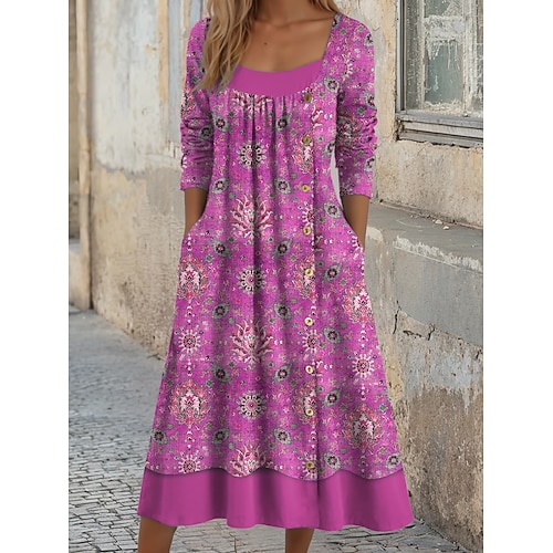 Damen Midikleid Shiftkleid A Linie Kleid Lässig Täglich Normale Passform Grafik Geometrisch Langarm Quadrathals Blau Purpur Orange Grün Herbst Winter Image