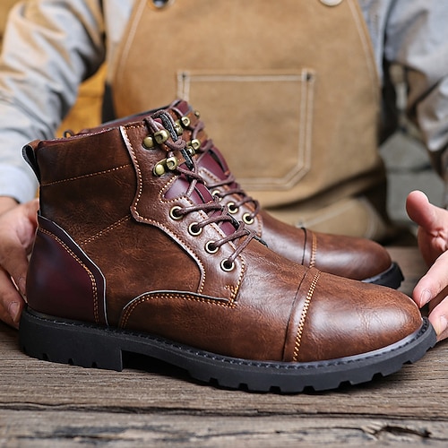 Robuste braune Schnürstiefeletten für Herren mit gepolstertem Schaft, strapazierfähiger Outdoor-Arbeitskleidungsstil zum Wandern, Bauen und für lässige Streetwear Image