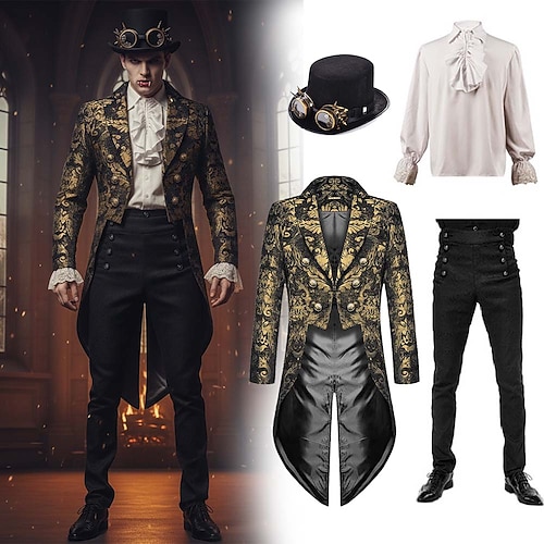 Set mit Steampunk Frack Hoch taillierte Hose Zylinder mit Schutzbrille Retro Mittelalter Mantel Jacke Oberbekleidung Gerade Bein Hose Outfits Männer Ebenezer Scrooge Elf Kostüm Maskerade Image