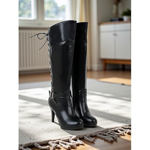 Kniehohe Stiefel mit hohem Absatz und Schnürung an der Rückseite – schick, stilvoll und perfekt für legere oder elegante Anlässe Image