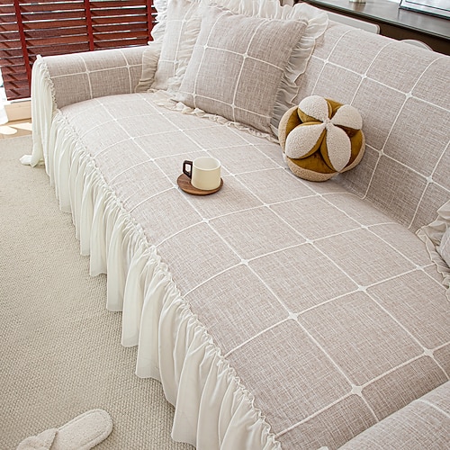 Sofatuch mit Rockkante, bedruckter, staubdichter, rutschfester Schonbezug, eleganter und einfacher Sofaschutz für 1–4 Kissen und L-förmige Sofas, einfach zu installieren Image
