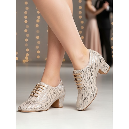 Professionelle Latein-Tanzschuhe für Damen mit Blockabsatz und Glitzermuster im Schnürdesign für Gesellschaftstanz und Partyveranstaltungen Image
