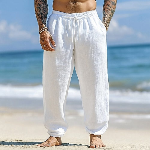 Herren Leinenhosen Hose Sommerhose Strandhose Kordelzug Tasche Elastischer Bund Einfach Komfort Atmungsaktiv Urlaub Täglich Ferien Hawaiianisch Boho Weiß Image