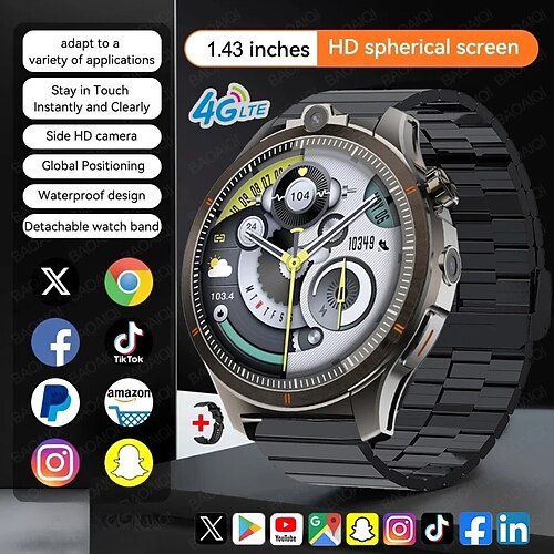 LW9 Smartwatch 1.43 Zoll Smartwatch Fitnessuhr Bluetooth 4G Temperaturüberwachung Schrittzähler Anruferinnerung Kompatibel mit Android iOS Herren GPS Langer Standby Freisprechanrufe IP68 22mm Image