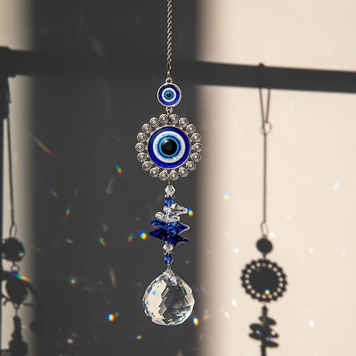 1 Stück blaue Wanddekoration mit rundem Auge aus Kristall und hängendes Ornament, blauer Augenanhänger, hängende Dekoration, geeignet für Garten, Terrasse, Innenhof, Veranda, Balkon, hängende