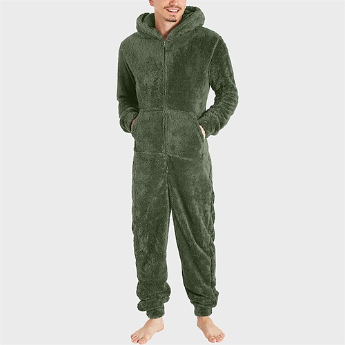 Herren Freizeitkleidung Bodys Nachtwäsche 1 Stück Einfach Warm Mode Stilvoll Heim Täglich Bett Sherpa Polarvlies Thermowarm Komfort Weich Kapuzenpullover Langarm Tasche Herbst Winter Hellrosa Schwarz Image