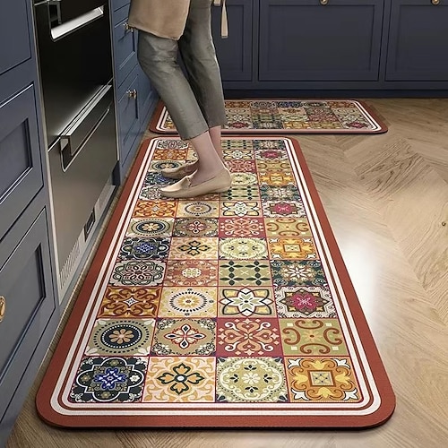 Läuferteppiche für Flur und Küche marokkanischer Mosaik-Vintage-Stil Kristallvelours Anti-Ermüdungsfußmatte gummiunterlegt saugfähiges Design weicher rutschfester maschinenwaschbarer Teppich für Image