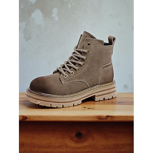 Damenstiefeletten aus braunem Wildleder mit Schnürung und dicker, rutschfester Sohle – lässige Outdoor-Arbeitsstiefel für Herbst und Winter Image