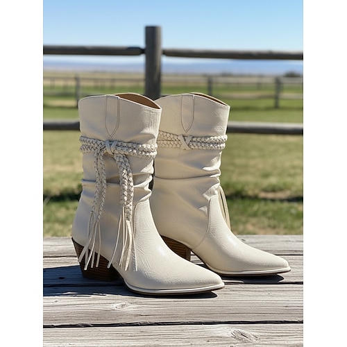 Damenstiefel aus Wildleder im Bohème-Stil mit geflochtenem Quastendesign und klobigem Absatz – lässiges Party- und Festival-Schuhwerk im Retro-Western-Stil Image