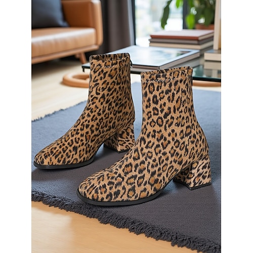 Damen-Stiefeletten mit Leopardenmuster und Blockabsatz – trendige, modische Kurzstiefel mit Tiermuster für Freizeit und Party Image