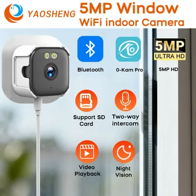 5MP Glass-Mounted Camera, Remote WiFi Surveillance for Home Apartment Window, Two-Way Voice Intercom, IR Full Color Night Vision
