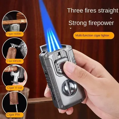 New Multifunctional Lighter with Cigar Holder & Cigar Cutter Cigar Puncher Windproof 3 Jet Flame Lighters Smoking Encendedor
