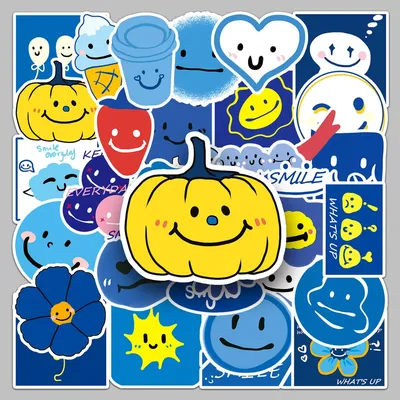 50 Pcs Blue Smile Scrapbook Stickers Original Cute Cartoon Waterproof DIY Decor for Phone Case Milk Tea Cup(Anime Worlds Store)