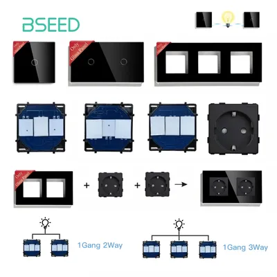 BSEED Wall Light Switches Glass Panel Parts Black Touch Switches 2Way Insert Function Key EU Wall Sockets Power Outlet Parts