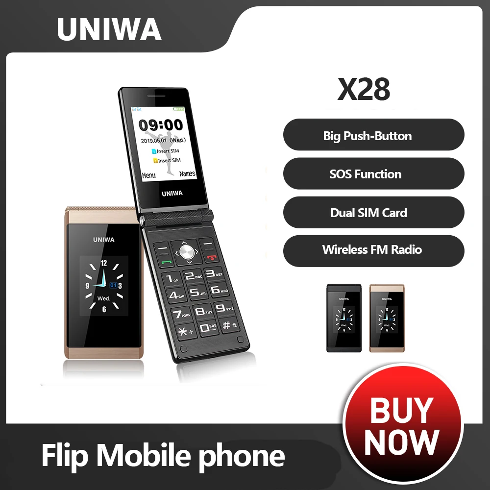 UNIWA X28 Großes Drucktasten-Telefon x29 Senior Flip-Handy GSM Dual Sim FM Radio Russisch Hebräisch Tastatur Clamshell-Handy