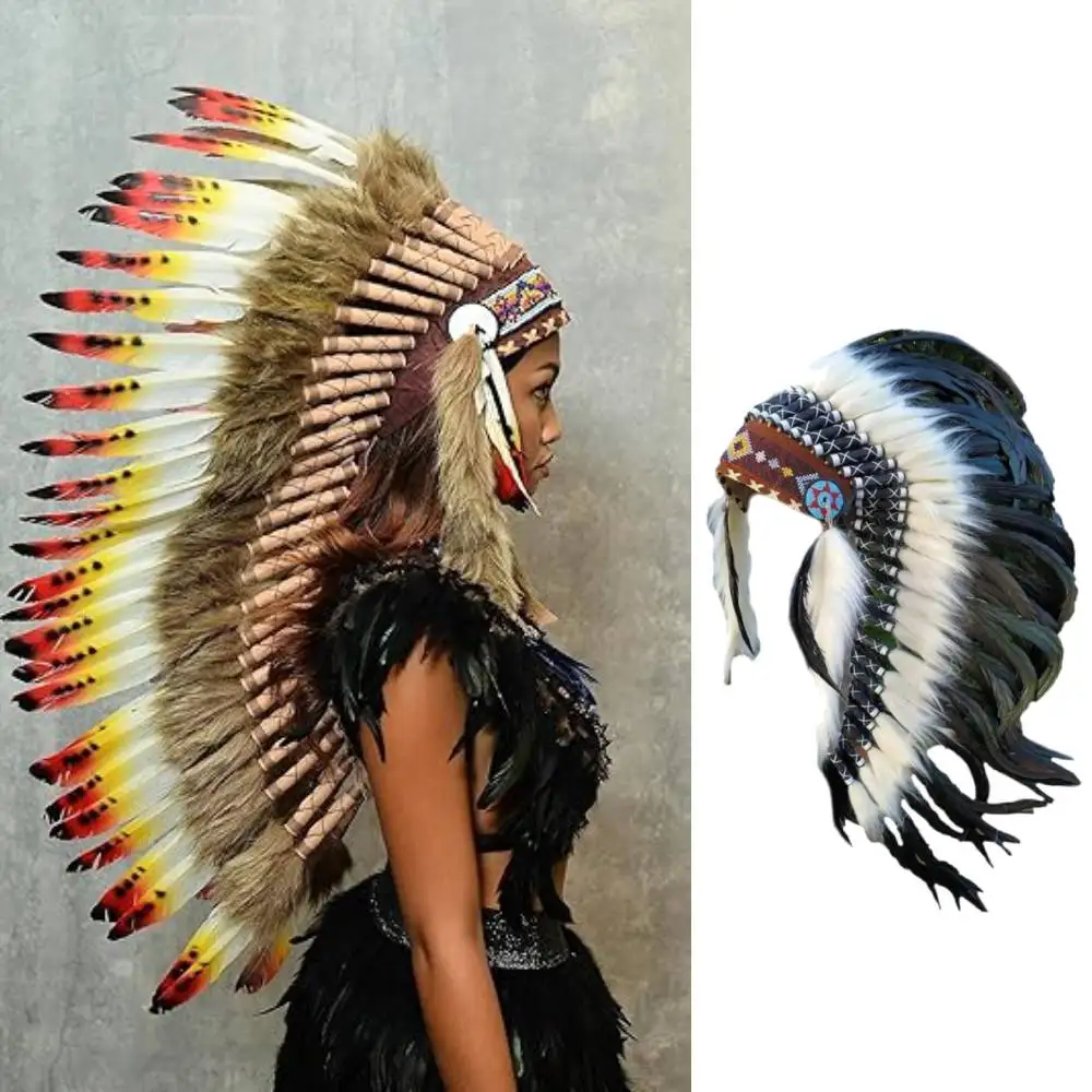 Indischer Feder-Kopfschmuck für Männer, Indianer-Kopfbedeckung, Stirnband für Halloween, Rollen, Spielen, Show, Cosplay, Kostüm, Maskerade Image