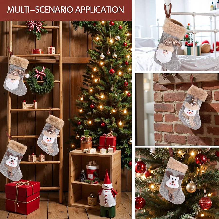 3 Stück Weihnachtsdekorationen Süßigkeiten Socken Stickerei Alter Mann Weihnachtsstrümpfe Weihnachten Kinder Geschenkstrümpfe Geschenktüte Anhänger Image