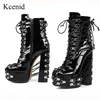 Kcenid Damen-Stiefeletten mit klobigem Absatz, Plateau, Punk, Schnürung, Metallschnallen, Design, große Stiefeletten, Reißverschlussschuhe, Schwarz, 44–45